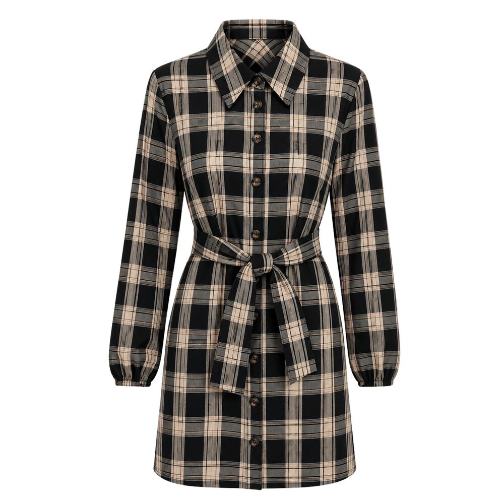 Cupshe Dress Women's Belted Sz Small Plaid Mini Shirt Dress  Button Down